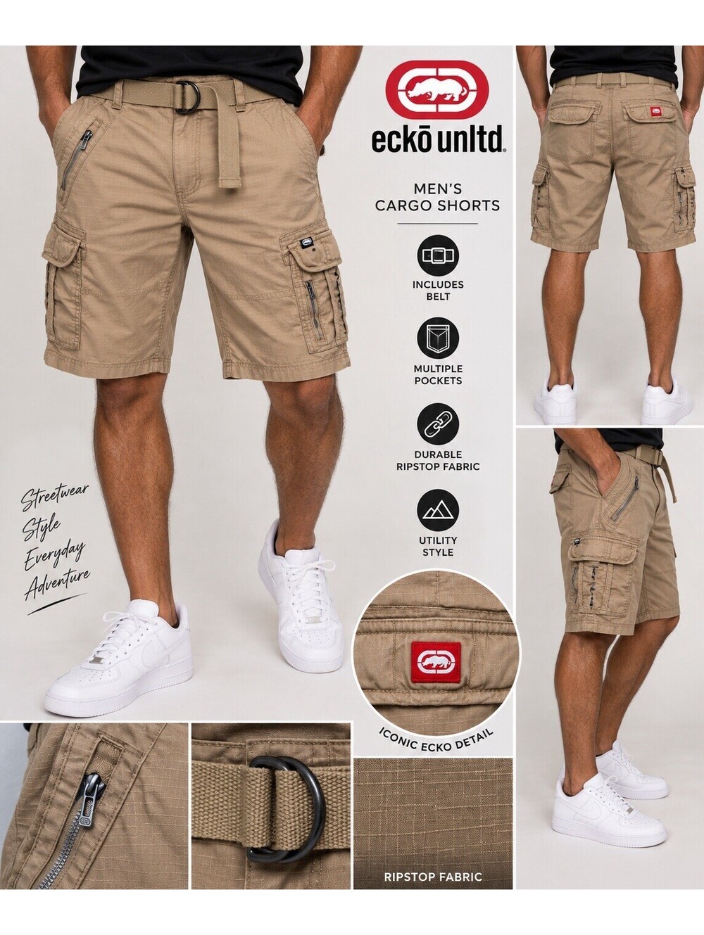 Ecko Unltd. Men's Cargo Khaki Lightweight 100% Cotton Belted Shorts Size 30 NWT